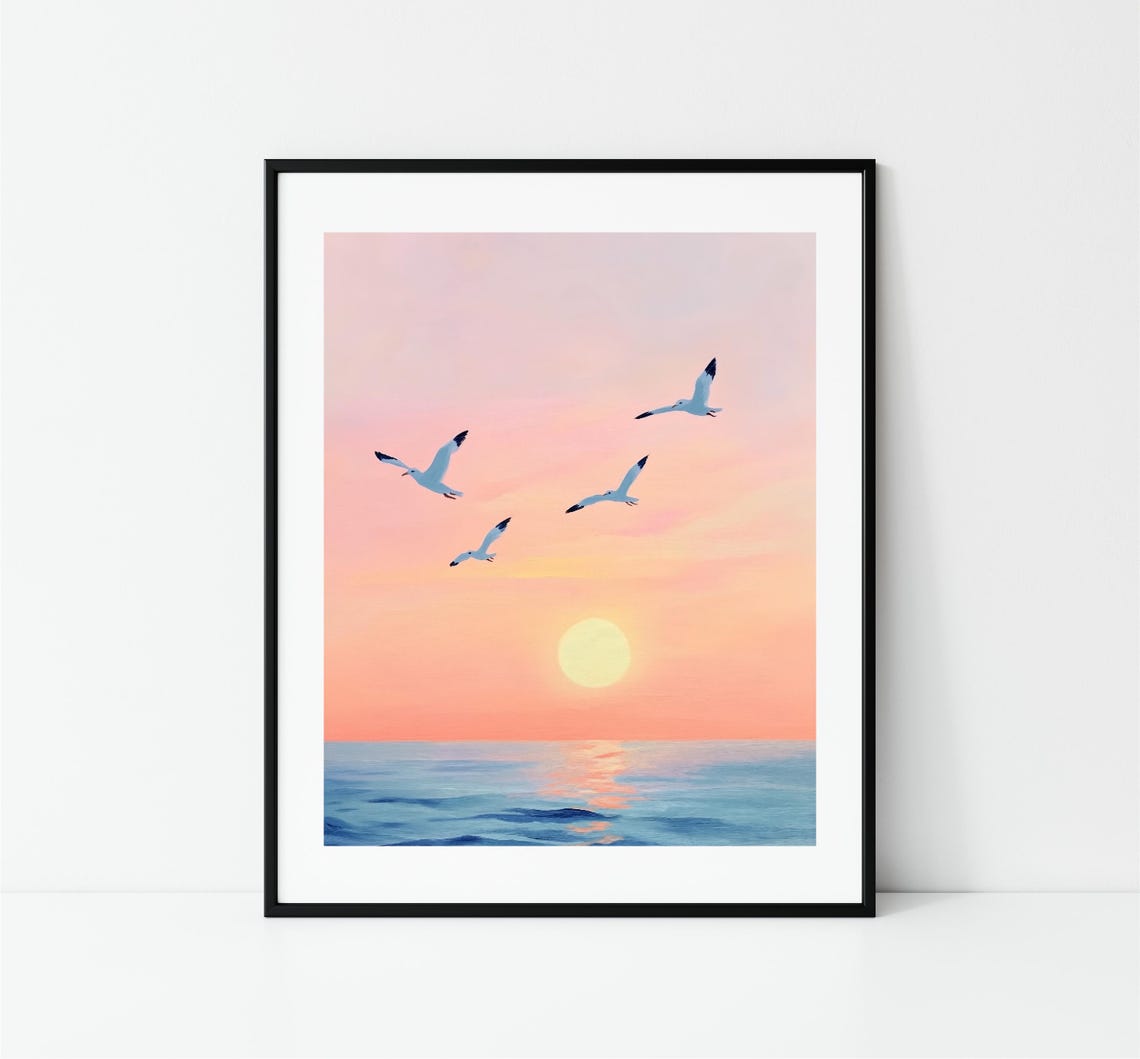 Four Seagulls Flying Pink Sunset Ocean Sky Seascape Beach Print - Image 3