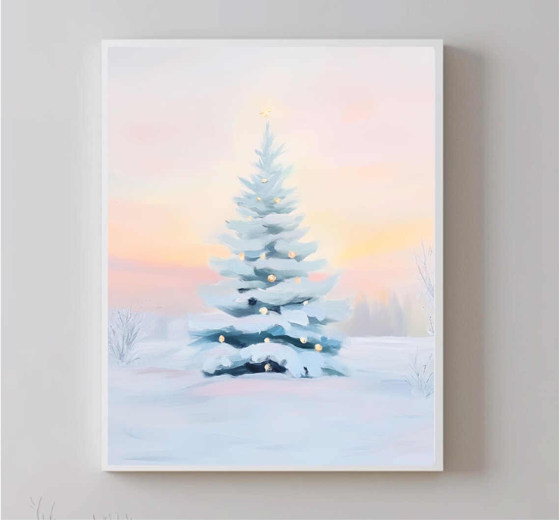 Pink Christmas Tree With Golden Lights In Snow Pastel Art Poster