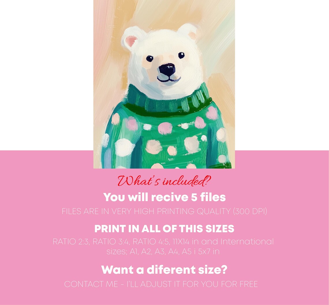 Polar Bear Portrait In Green Polka Dot Sweater Cute Nursery Wall Art - Image 5