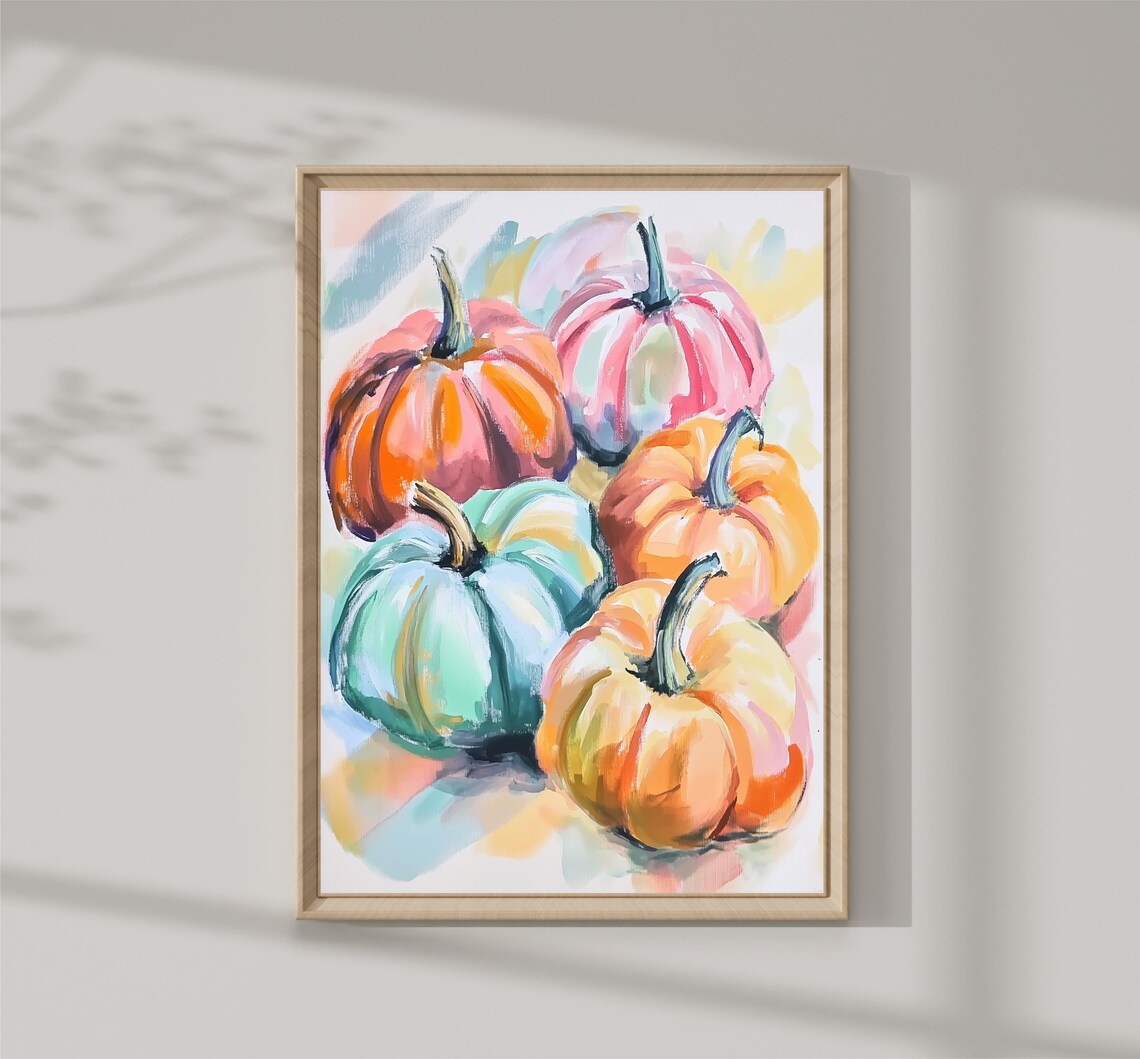 Colorful Pastel Pumpkins Cluster Fall Harvest Watercolor Print