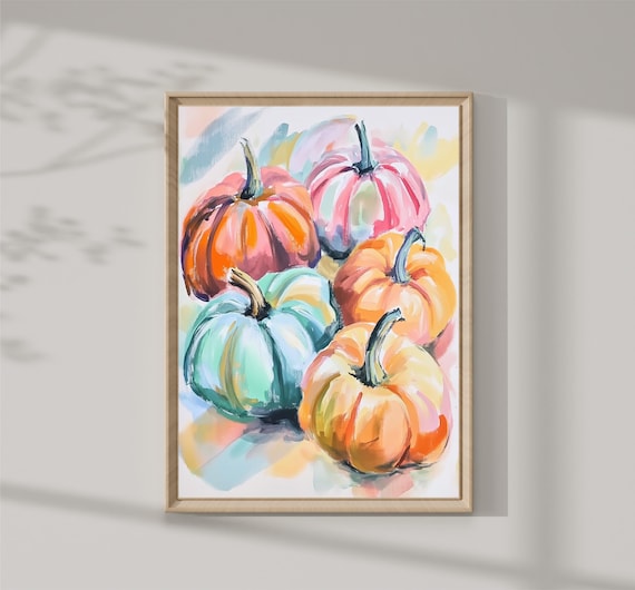 Colorful Pastel Pumpkins Cluster Fall Harvest Watercolor Print
