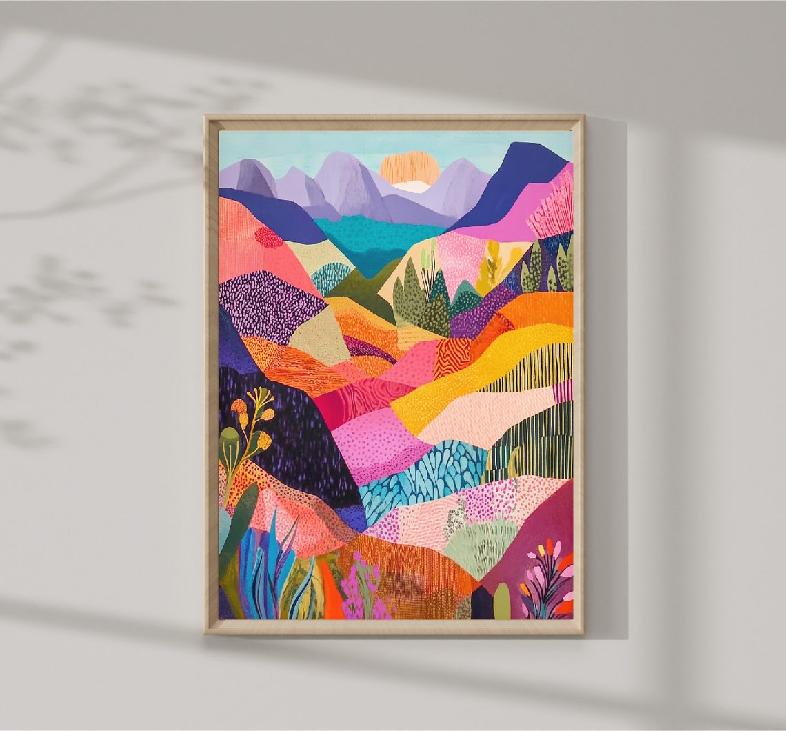 Colorful Patchwork Mountain Landscape Sunset Abstract Art Poster