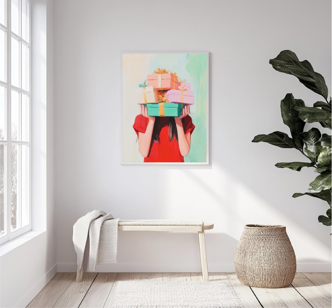 Girl Holding Stack Christmas Gifts Red Dress Holiday Joy Poster - Image 2