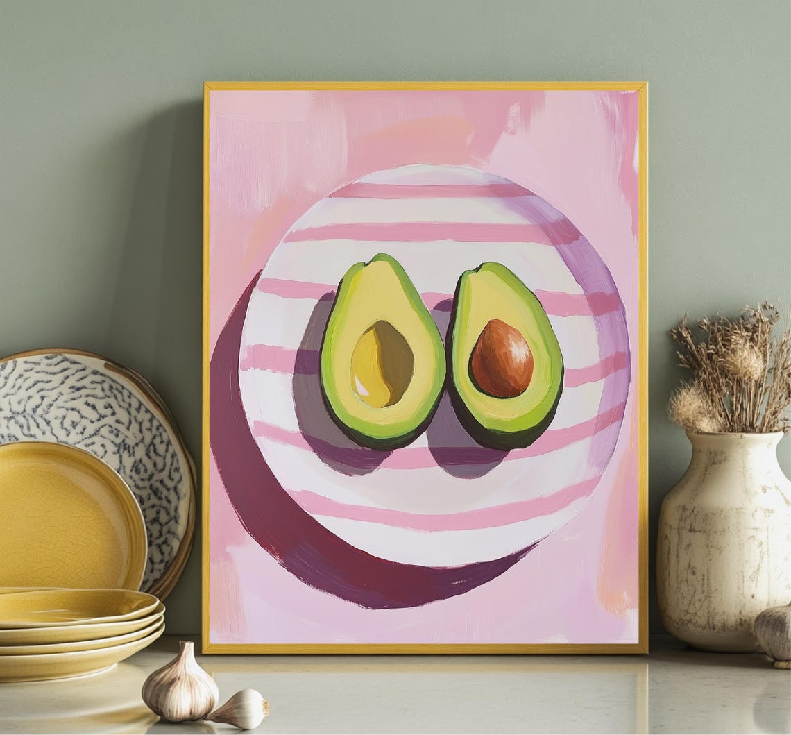 Fresh Avocado Halves Painting Pink Striped Plate Kitchen Wall Art - Image 2