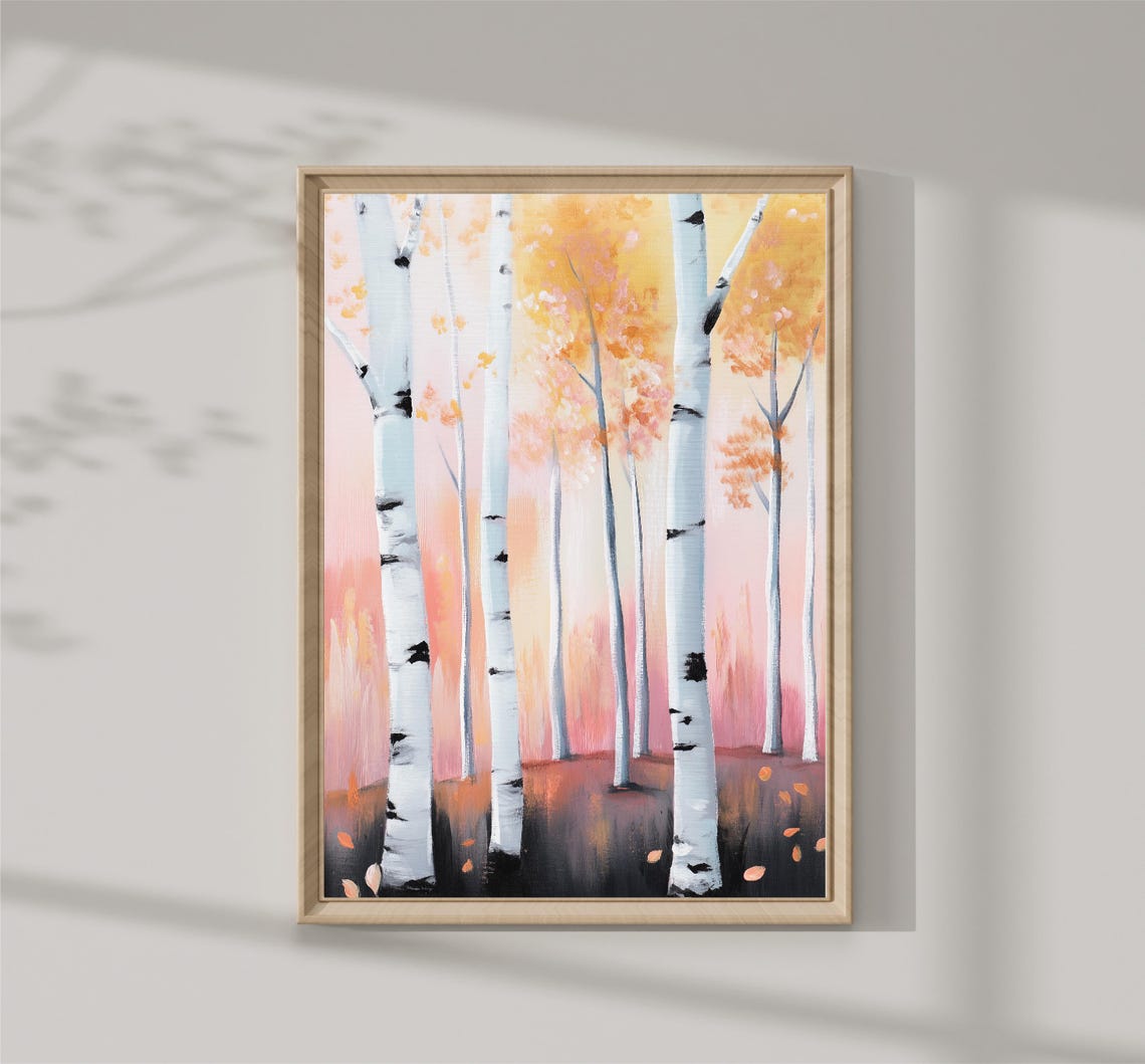 Autumn Birch Forest White Trunks Peach Fall Foliage Art Poster