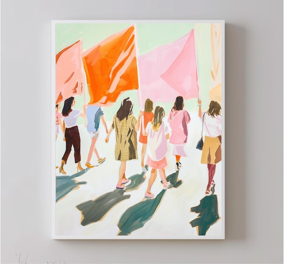 Women Marching With Orange Flags Feminist Empowerment Art Poster