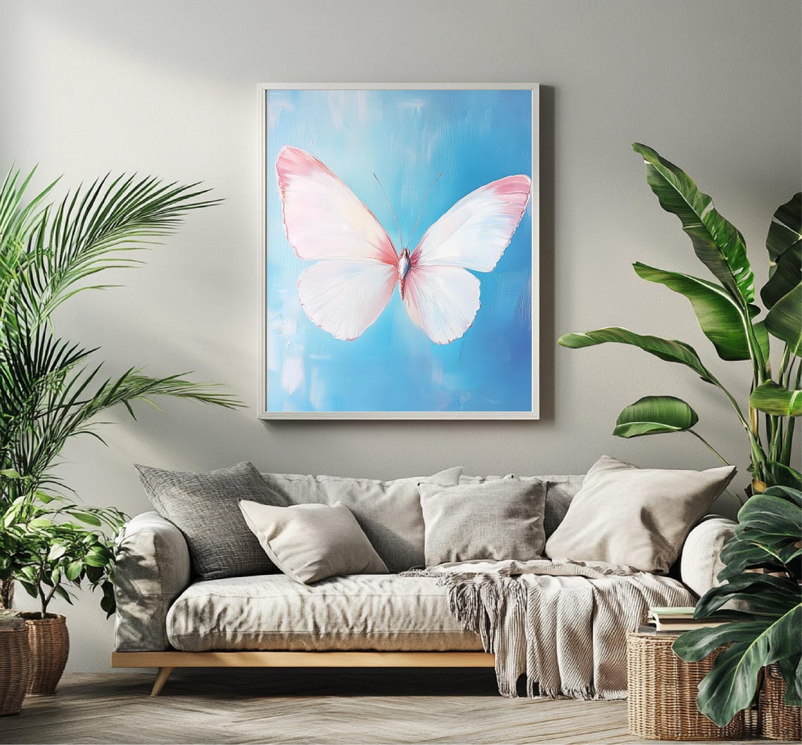 Pink And White Butterfly On Blue Background Nature Art Poster - Image 3