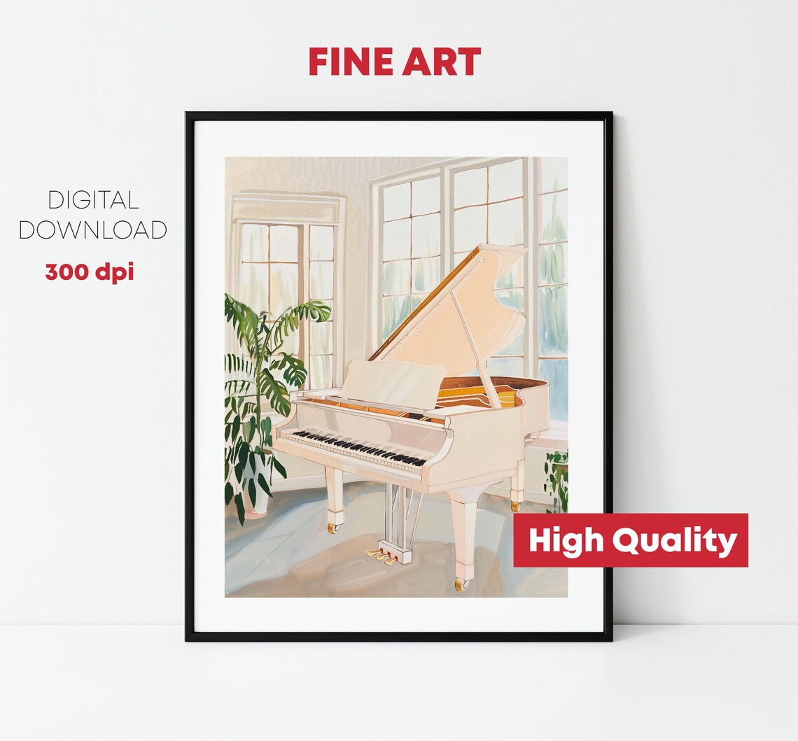 White Grand Piano Bright Sunroom Plants Elegant Music Room Poster - Image 2