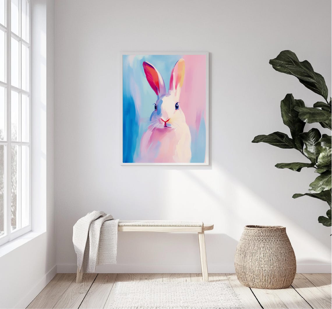White Bunny Portrait Pink Blue Pastel Nursery Kids Room Wall Art - Image 5