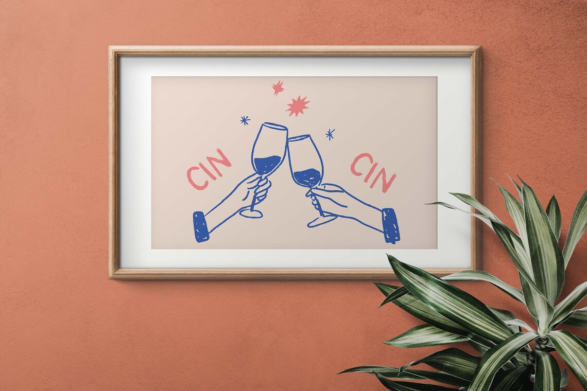 Cin Cin Wine Glasses Cheers Toast Line Art French Kitchen Poster - Image 3