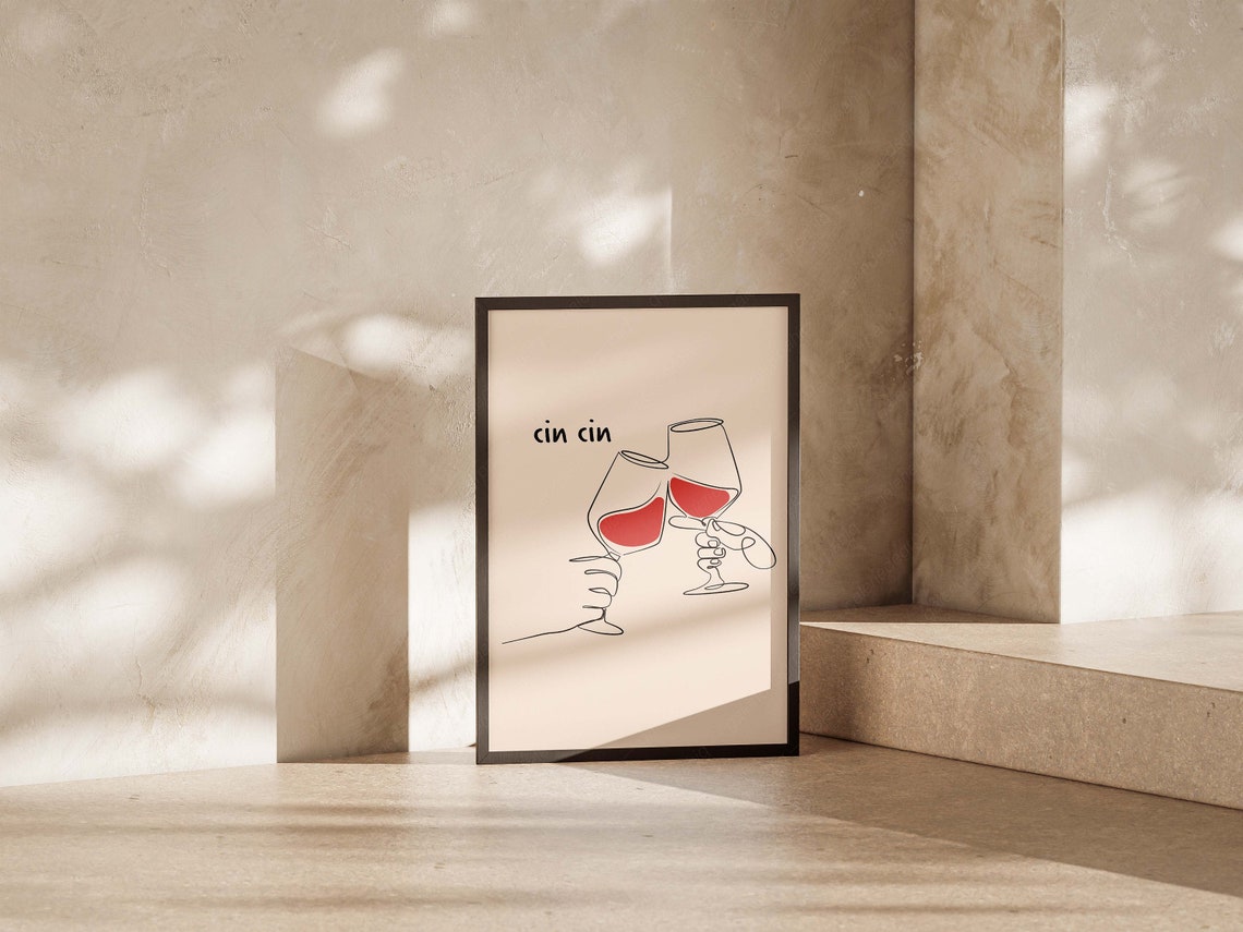 Cin Cin Wine Cheers Clinking Glasses Minimal Line Drawing Poster - Image 4