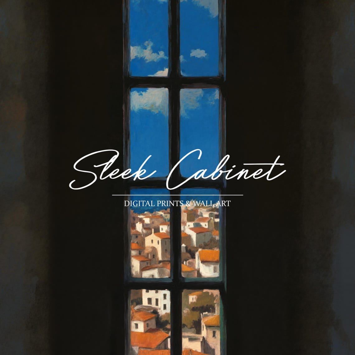 Dark Window View Mediterranean Coastal Town Red Roofs Art Poster - Image 4