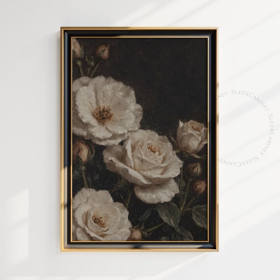 Moody Vintage Flower Print Dark Floral Still Life Oil Painting Dark Academia Wall Art Antique Art Fbhvt1