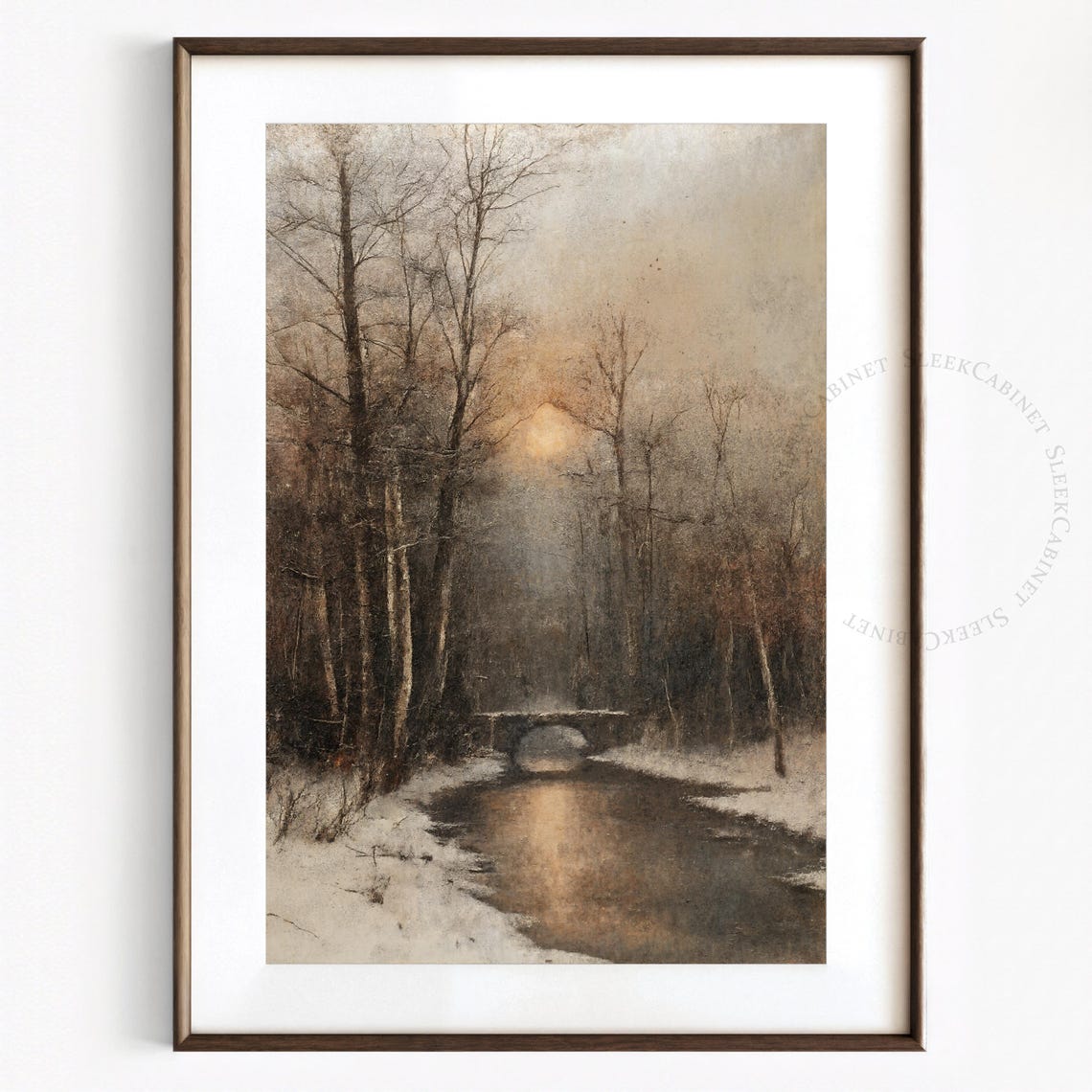 Misty Forest River Stone Bridge Dusk Tonalist Painting Poster - Image 2