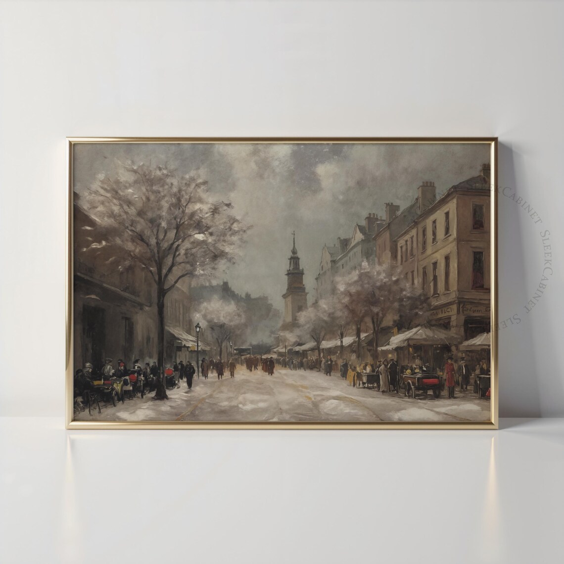 Snowy Paris Street Winter Church Tower Vintage Cityscape Poster