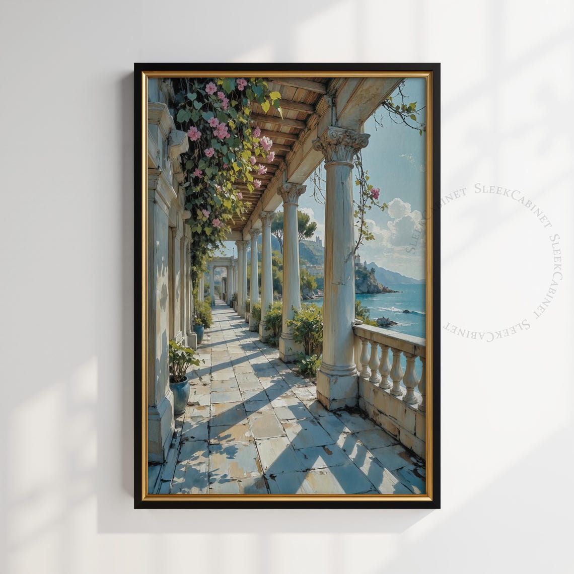 Sunlit Mediterranean Terrace Columns Sea View Vintage Travel Print