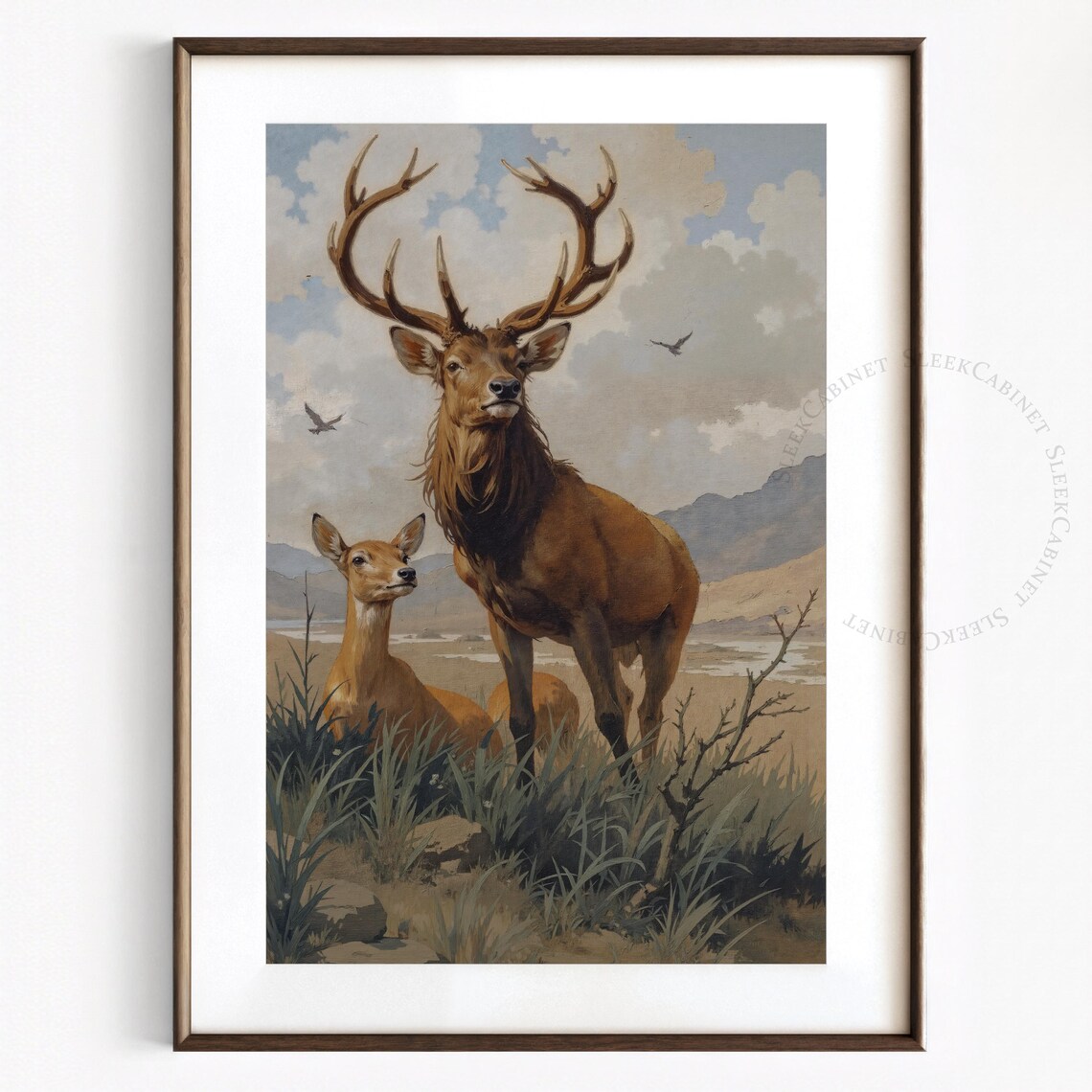 Red Deer Stag and Fawn Highland Meadow Vintage Wildlife Poster - Image 2