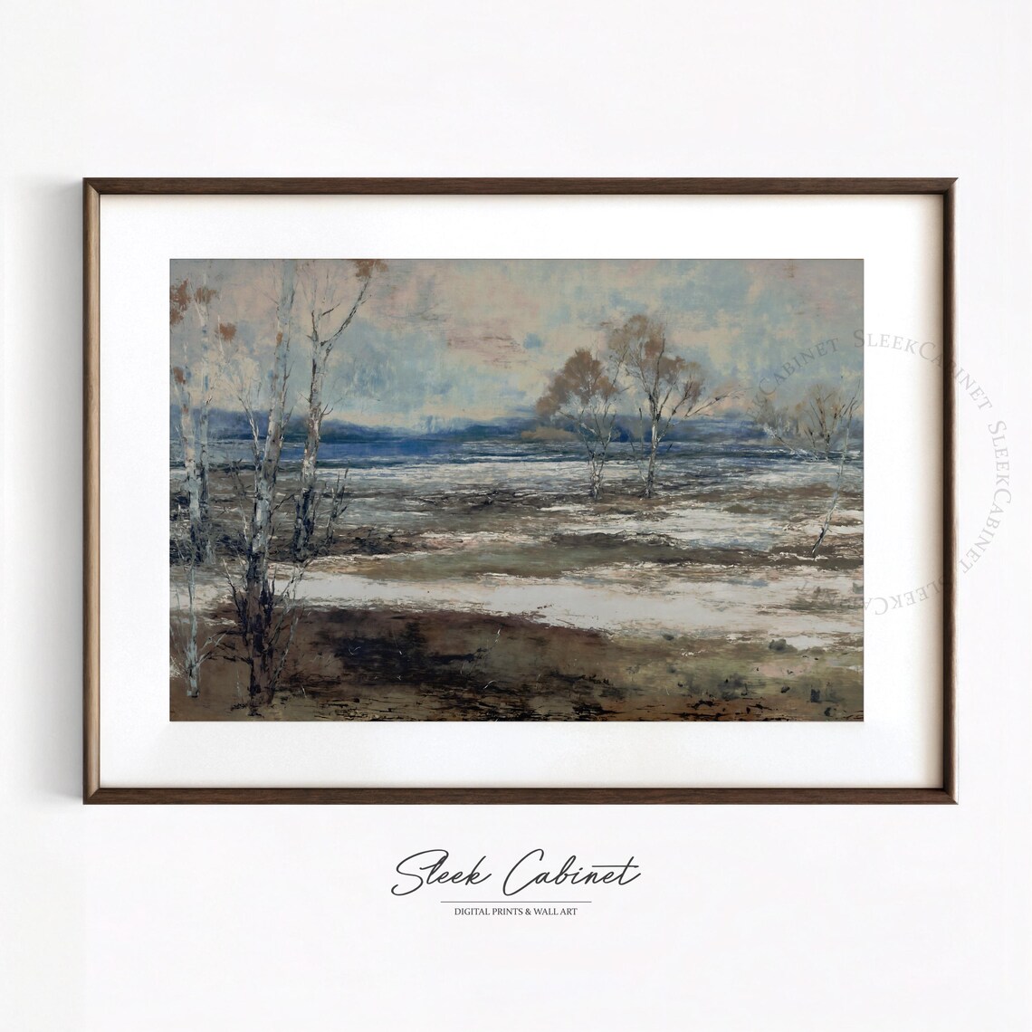 Abstract Winter Landscape Birch Trees Muted Tonal Oil Art Poster - Image 2