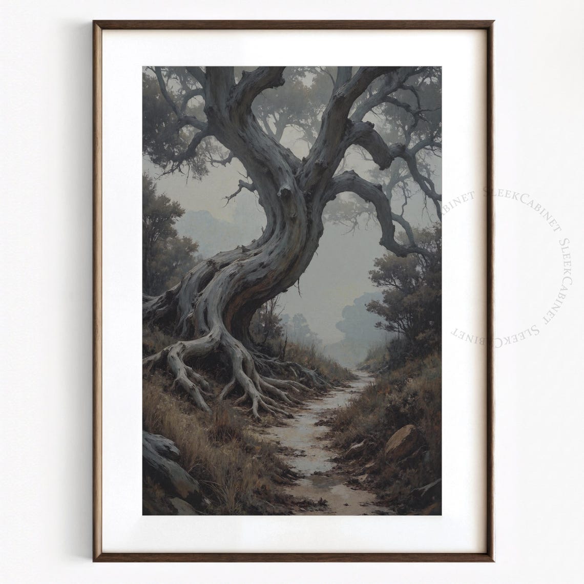 Ancient Twisted Tree Misty Path Gothic Moody Nature Art Poster - Image 2