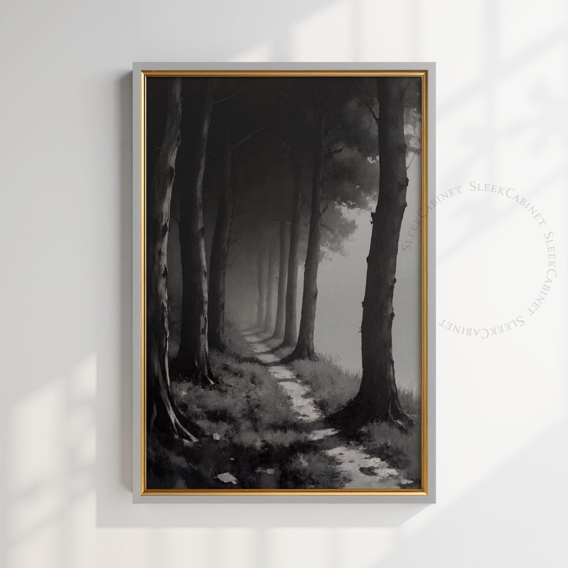 Black and White Misty Forest Path Trees Moody Nature Art Poster