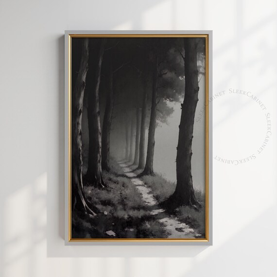 Black and White Misty Forest Path Trees Moody Nature Art Poster