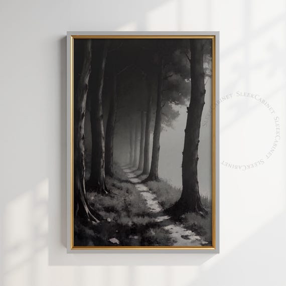 Misty Forest Path Black White Wall Art Dark Gothic Nature Print Moody Woodland Modern Minimalist Home Decor Jalsd
