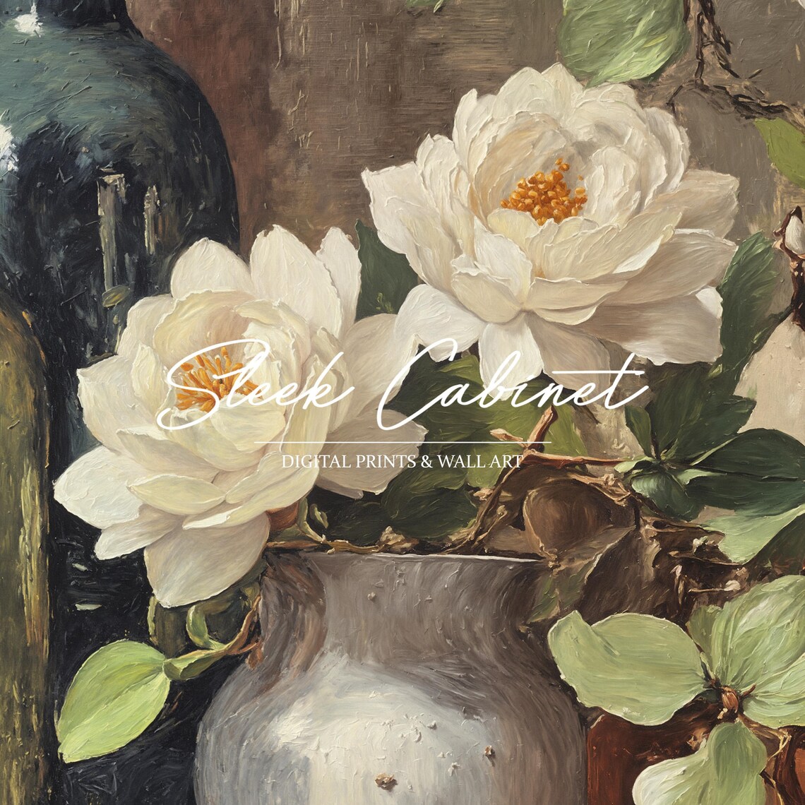 Vintage Books Wine Bottles White Roses Still Life Oil Art Poster - Image 3