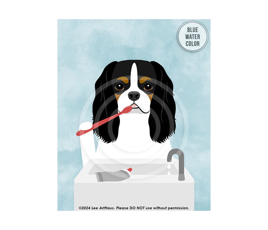 Tricolor Cavalier Spaniel Brushing Teeth Funny Dog Bathroom Poster - Image 2