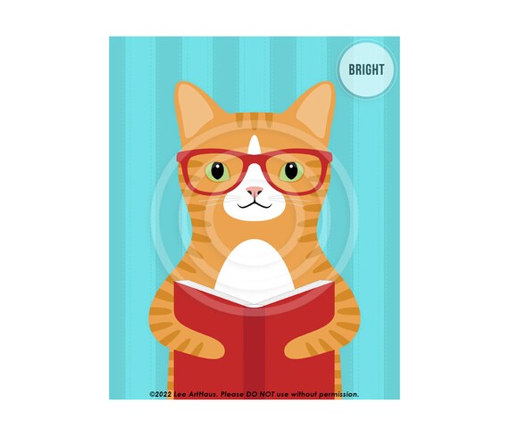 Orange Tabby Cat Reading Red Book Nerdy Glasses Funny Cat Wall Art Poster