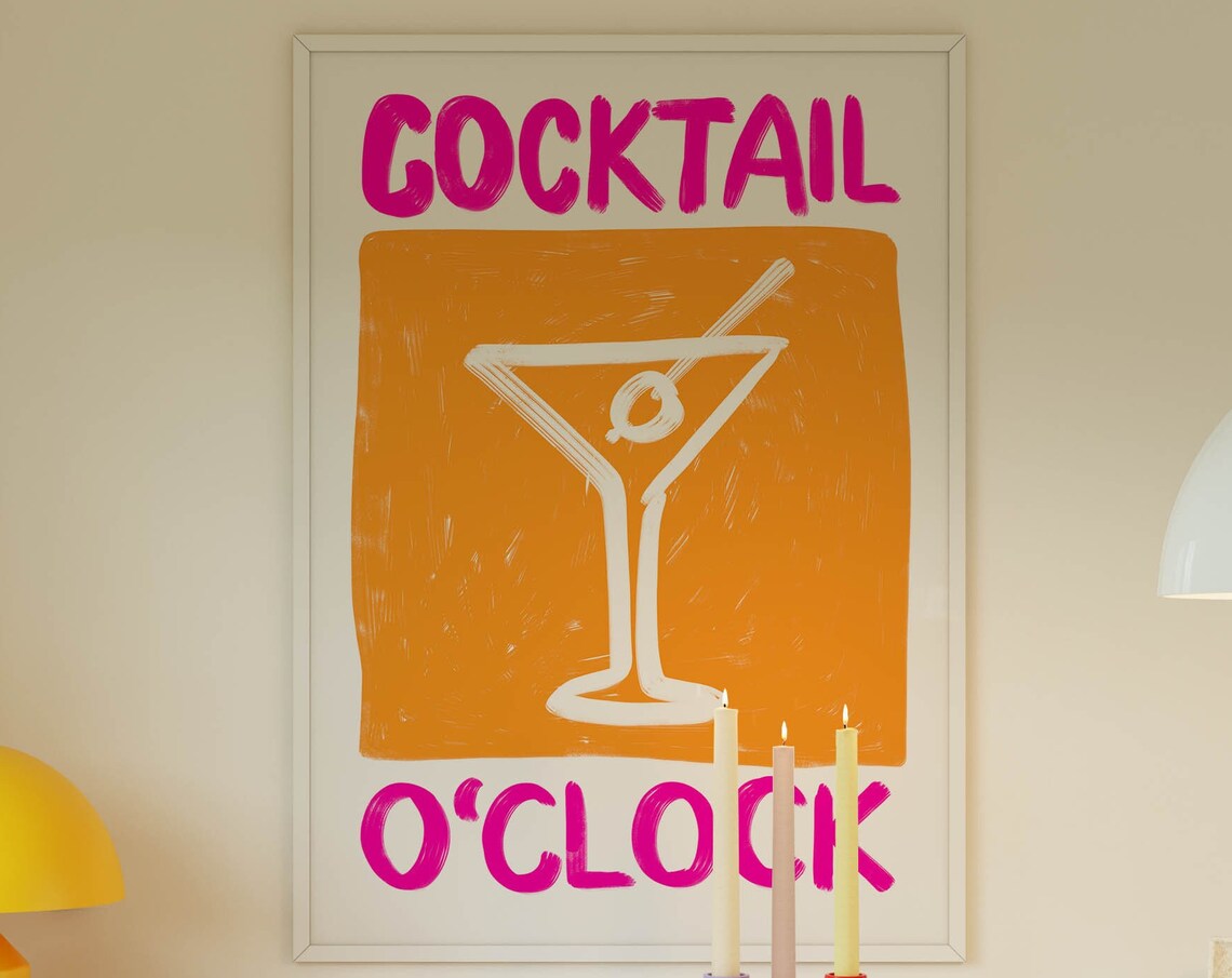 Cocktail O'Clock Martini Glass Retro Bold Bar Cart Kitchen Poster