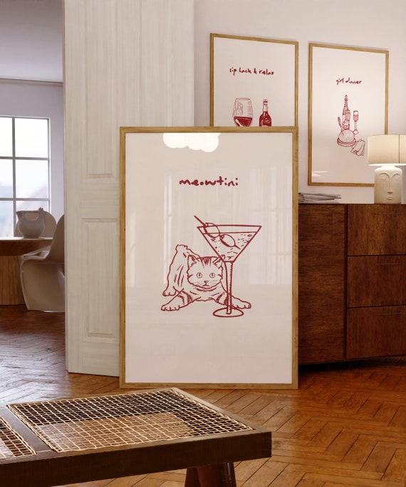 Trendy Cat And Martini, Modern Cocktail Art Print