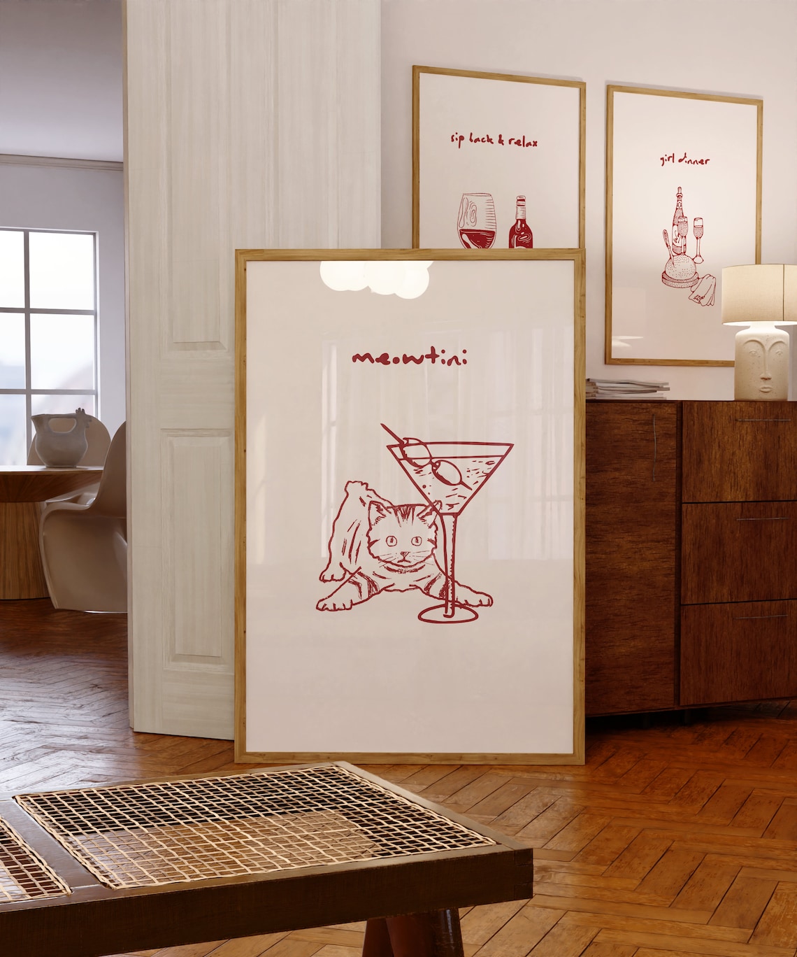 Trendy Cat And Martini, Modern Cocktail Art Print