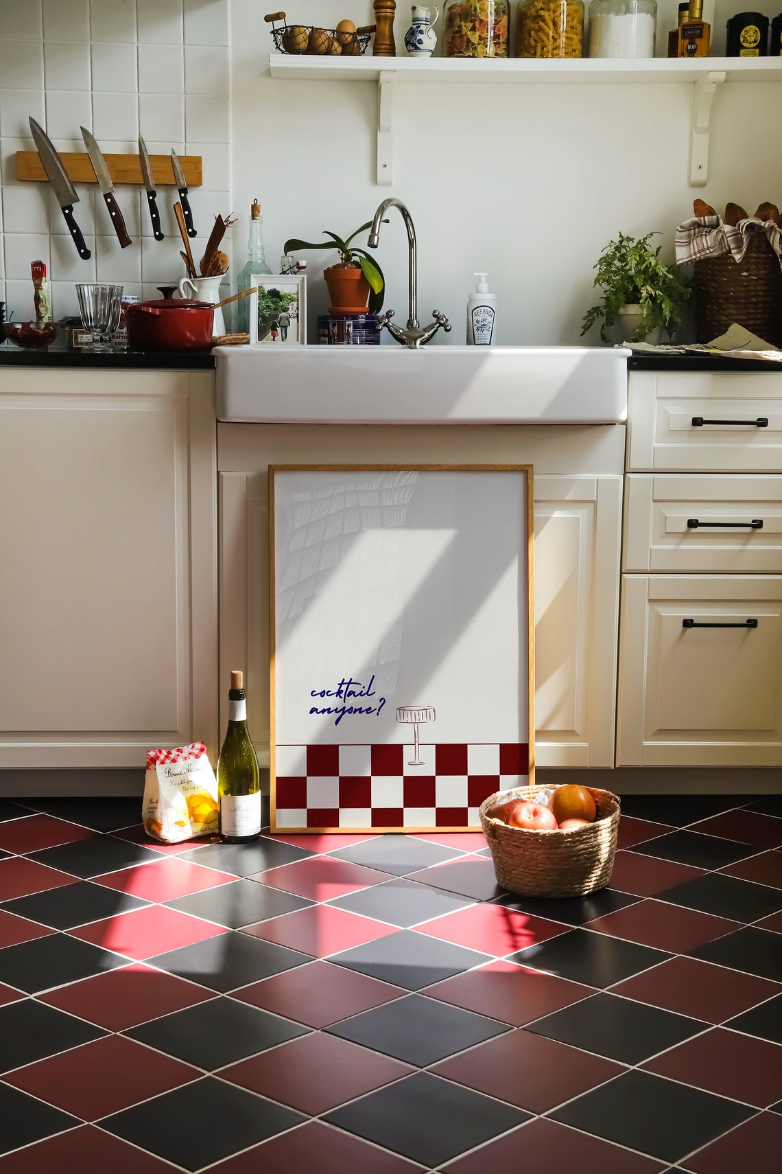 Cocktail Anyone Minimalist Red Checkered Bar Cart Decor Wall Art - Image 3
