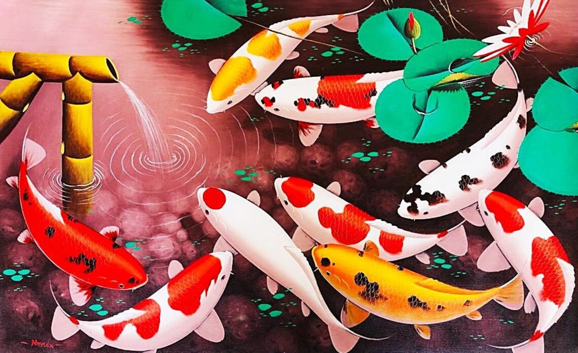 9 Koi Fish and Bamboo Fountain Wall Art Print - Image 5