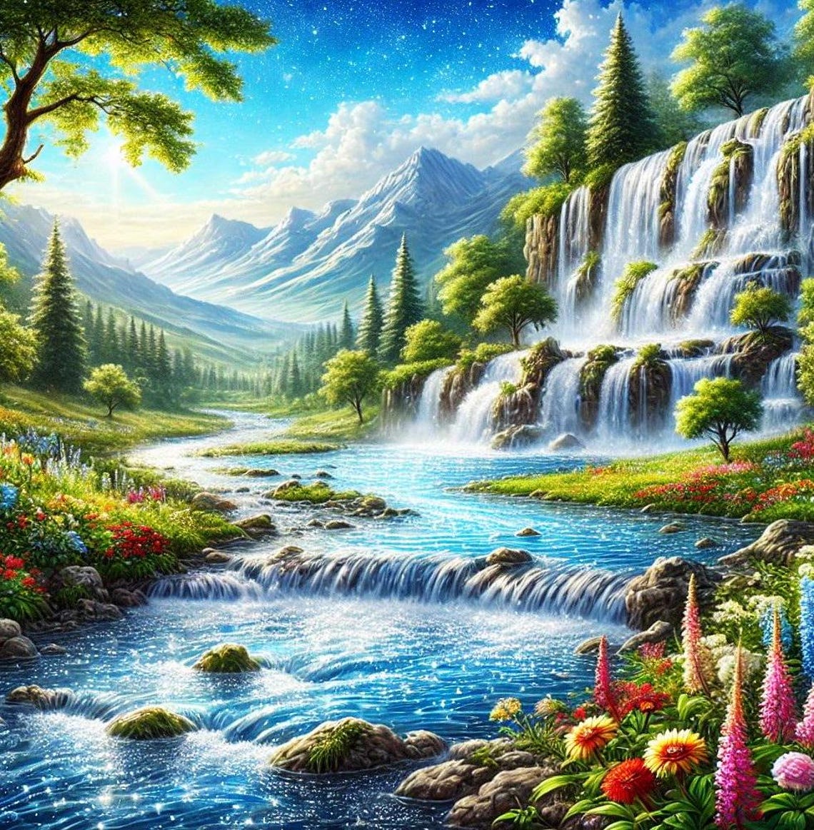 Painting Of A Serene Waterfall In A Peaceful Landscape - Image 4