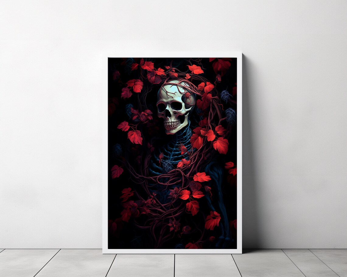 Skeleton Entwined With Crimson Red Leaves on Dark Black Goth Poster - Image 3