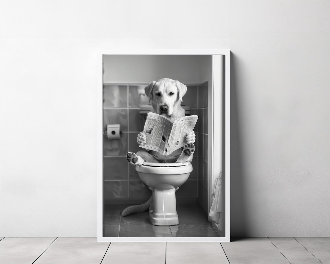 Labrador Retriever Reading on Toilet Black and White Funny Poster - Image 3