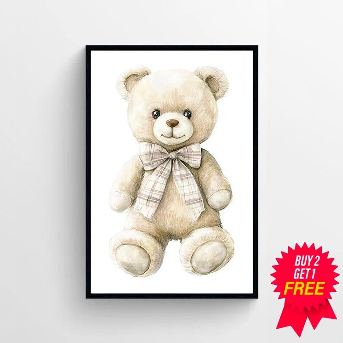 Teddy Bear Wearing A Plaid Bow Tie Nursery Watercolor Poster - Image 4