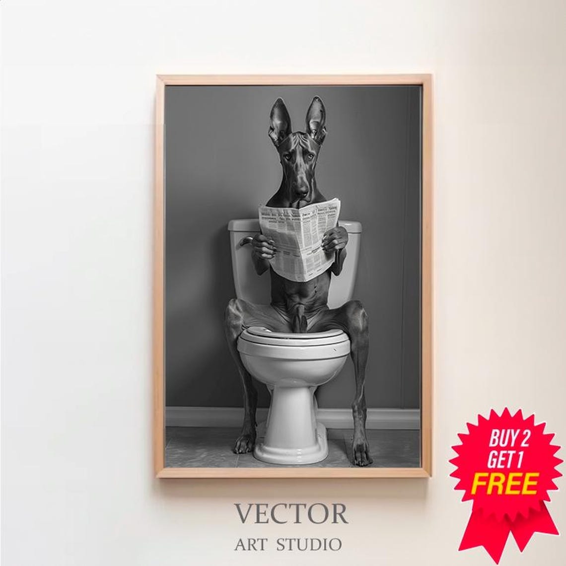 Doberman Reading Newspaper on Toilet Funny Dog Bathroom Photo Poster