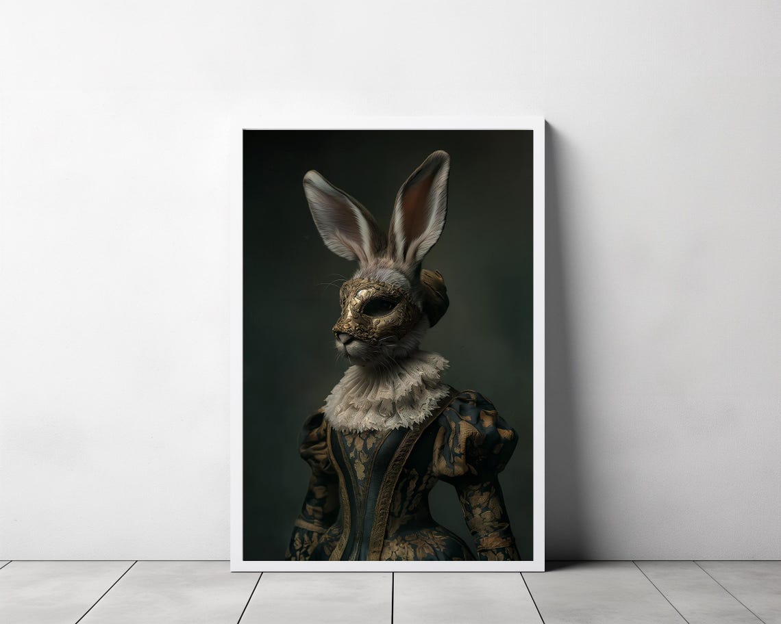Masked Rabbit Lady In Baroque Gold Embroidered Gothic Gown Poster - Image 3
