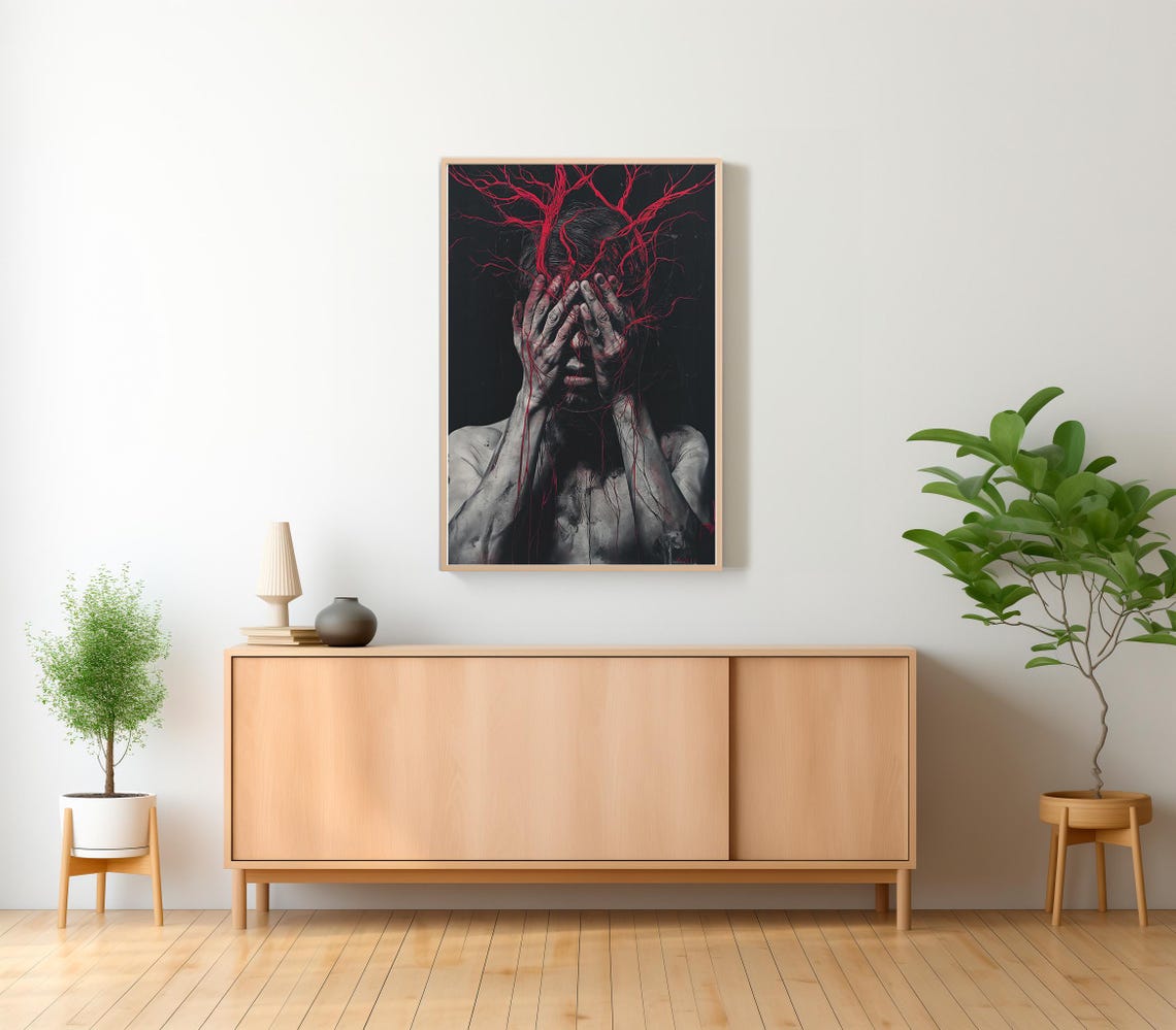 Horror Portrait Hands Over Face Red Vein Lines Dark Art Poster - Image 2