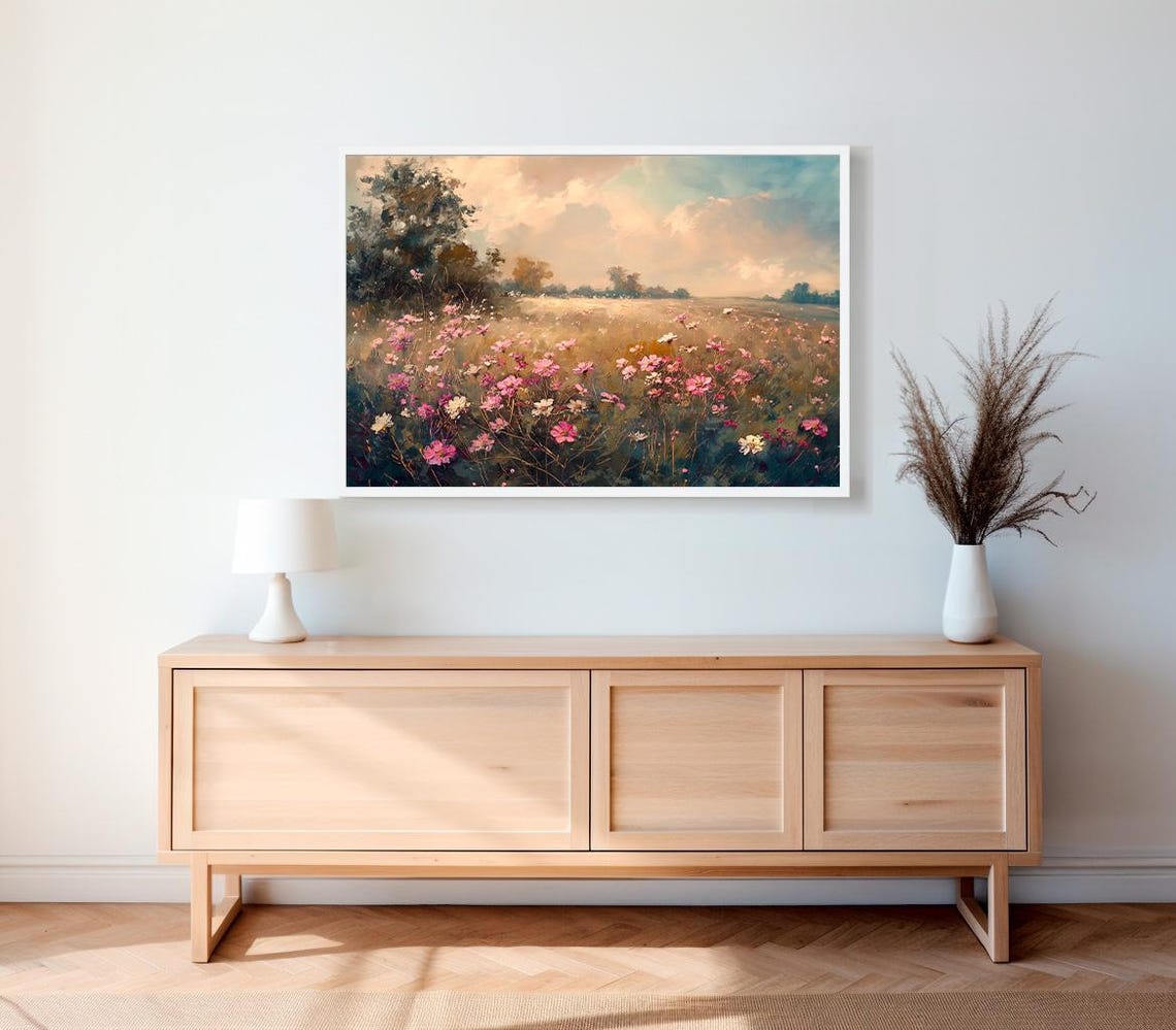 Pink Cosmos Wildflower Field at Sunset Vintage Summer Meadow Poster - Image 2