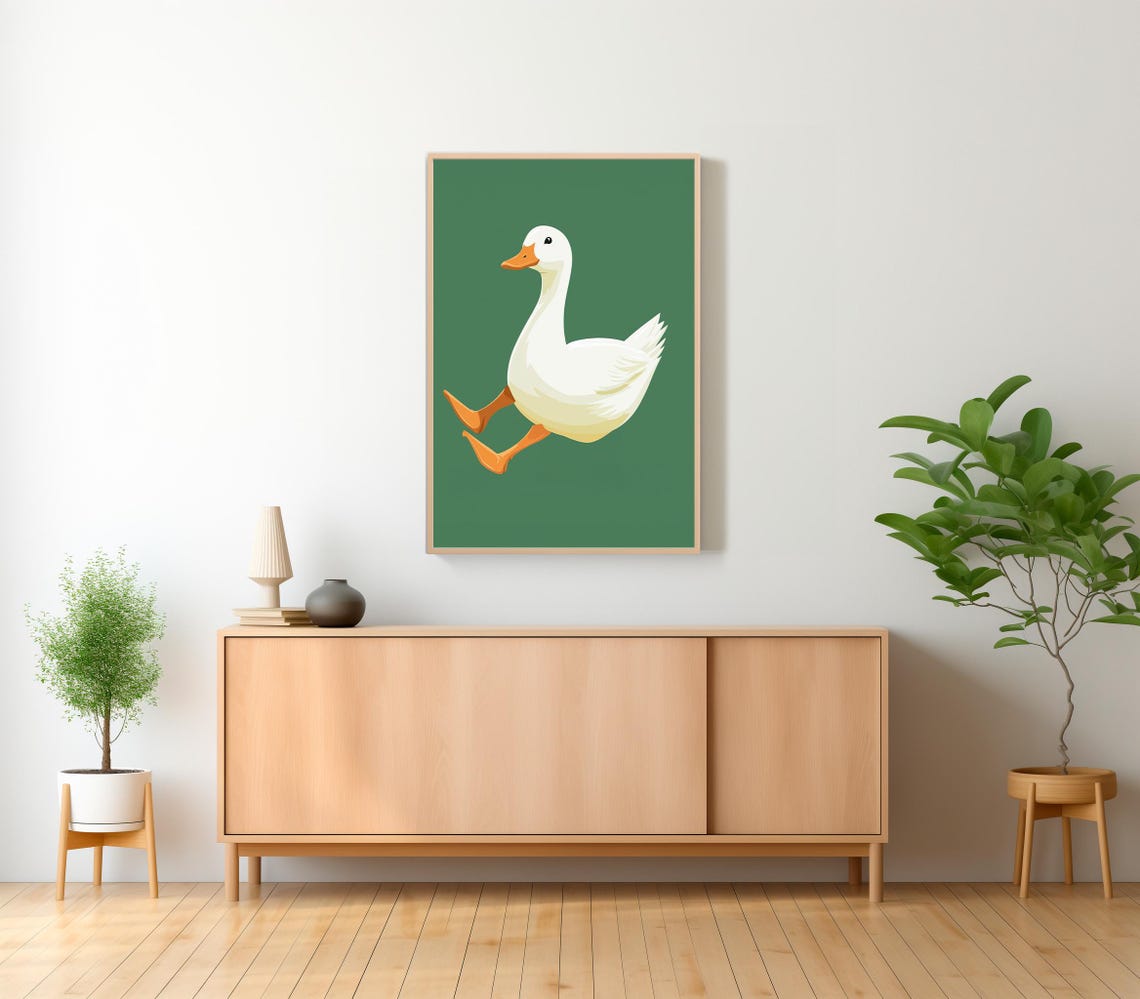 Cute White Goose Running on Dark Green Vector Nursery Poster - Image 2