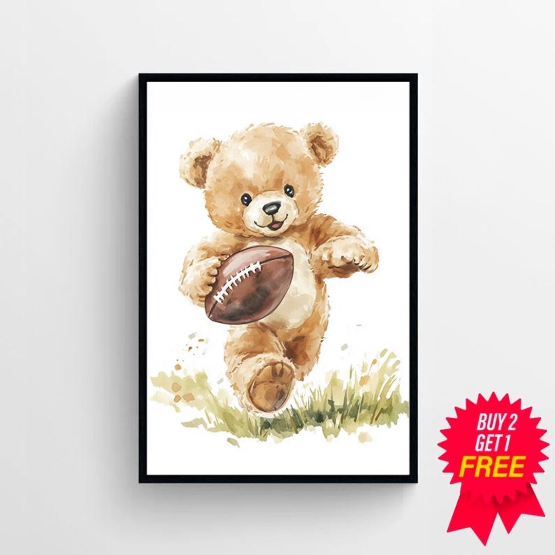 Teddy Bear Running with Football Watercolor Nursery Sports Poster - Image 4
