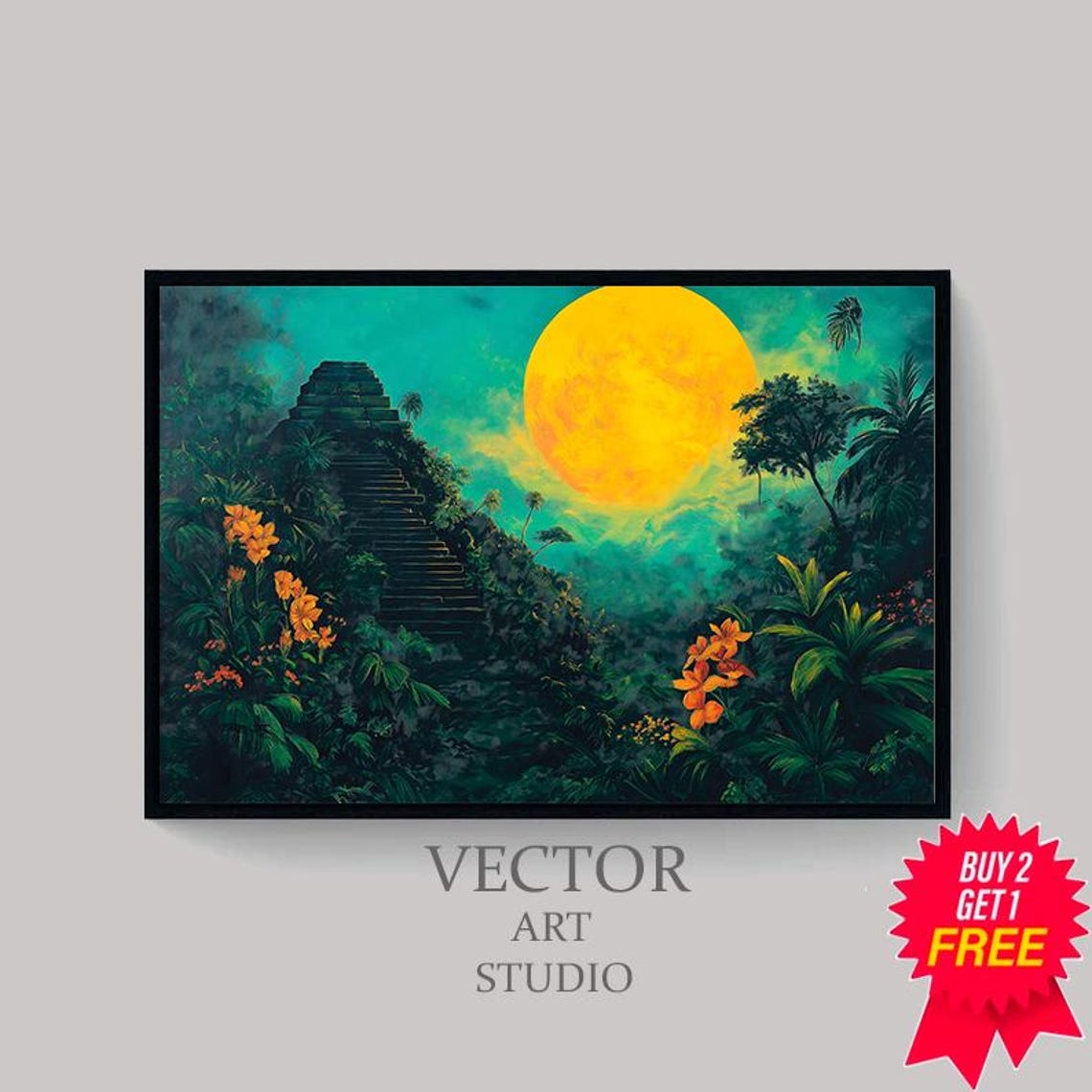 Ancient Jungle Pyramid Under Giant Golden Moon Fantasy Poster - Image 4