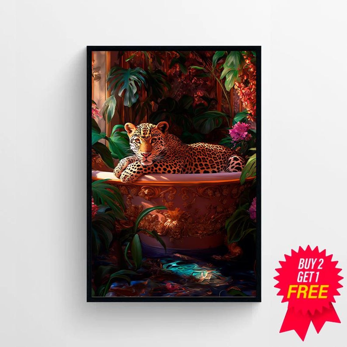 Leopard Resting in an Ornate Bathtub in a Lush Tropical Jungle Poster - Image 4