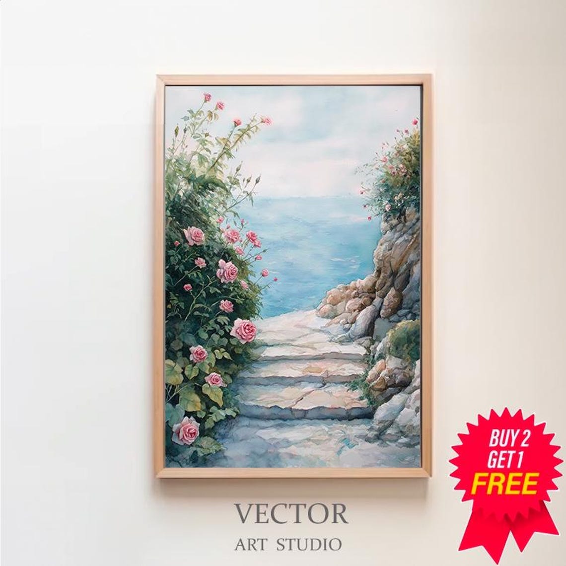 Stone Garden Steps With Pink Roses Overlooking the Sea Poster