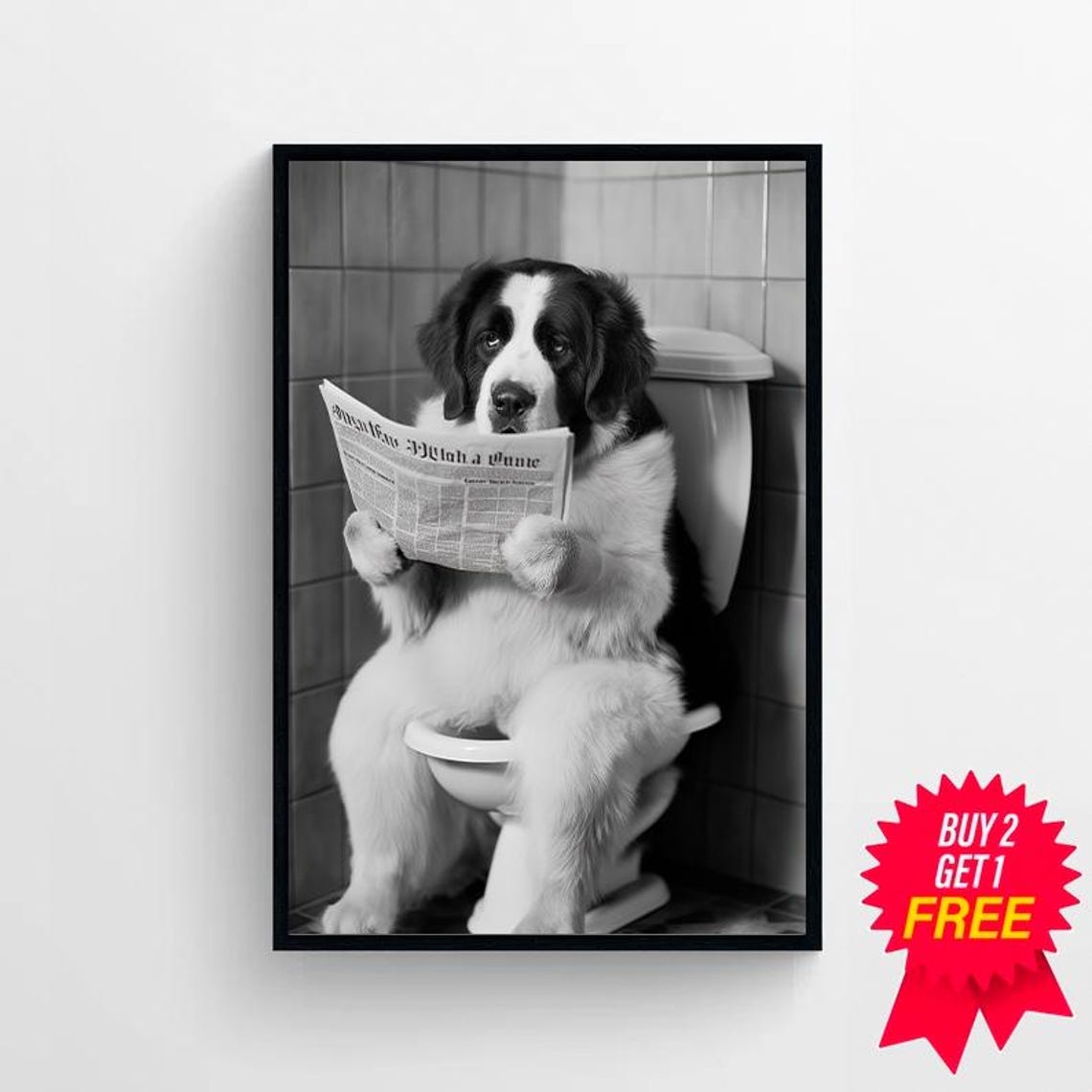 Saint Bernard On Toilet Reading Newspaper Black And White Poster - Image 4