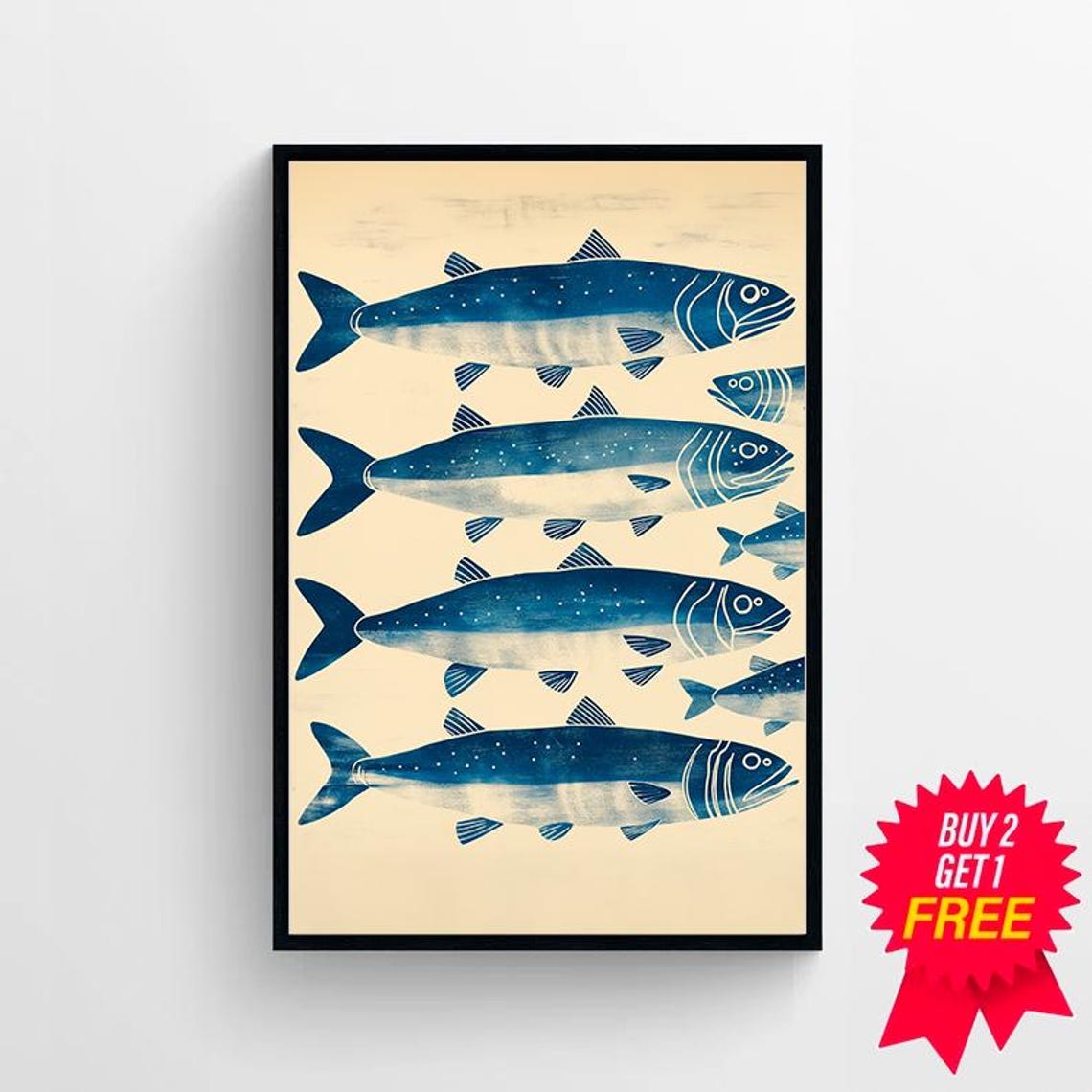Blue Sardine School Woodblock Style Retro Fish Kitchen Art Poster - Image 4