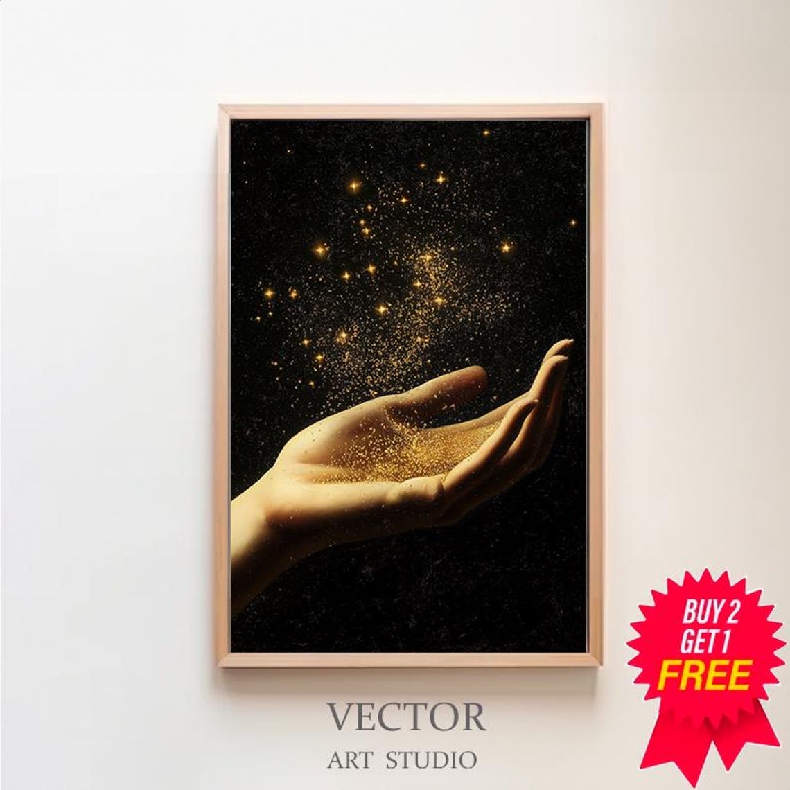 Golden Stardust Falling From Open Hand On Black Cosmic Poster